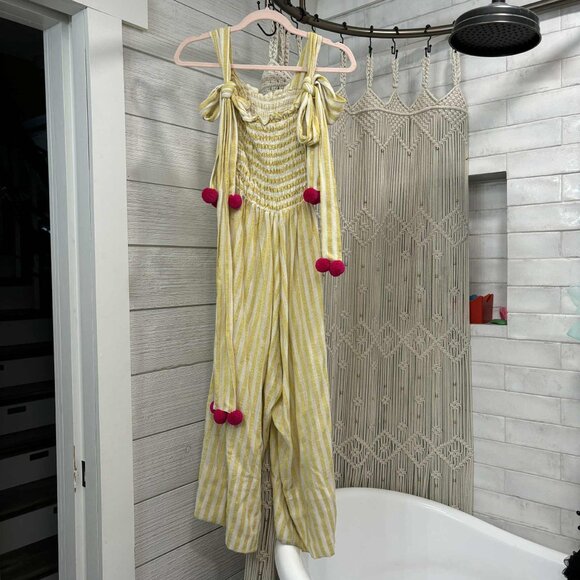 Sundress Pippa Yellow Stripe Pink Pom Pom Tie Shoulder Jumpsuit Romper XS/S EUC - Picture 1 of 8